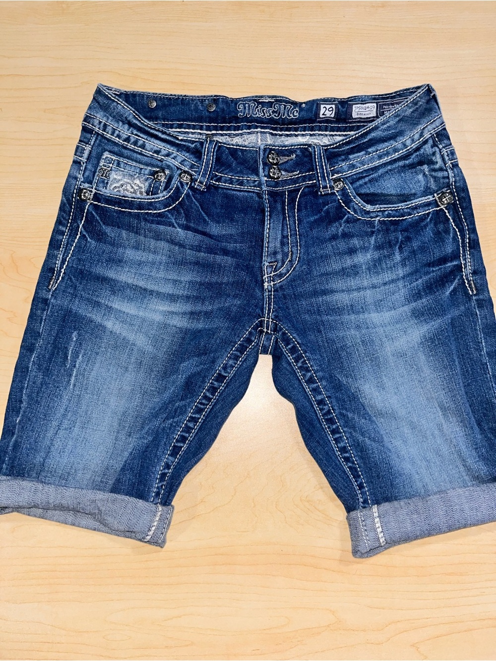 Miss Me Indigo Washed Denim Roll-Cuff Bermuda Shorts